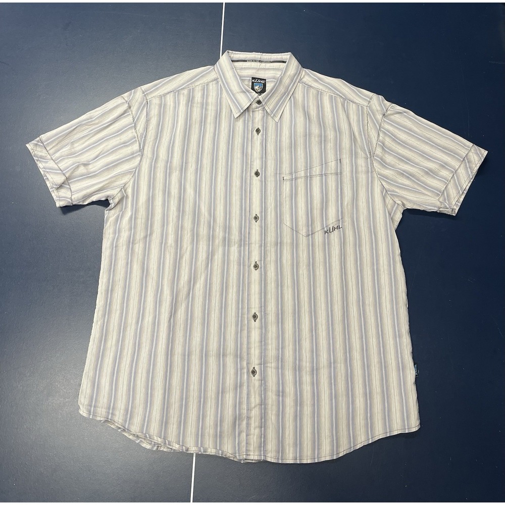 Kuhl Men's White with Gray & Blue Stripes Button Down Shirt, Size XL